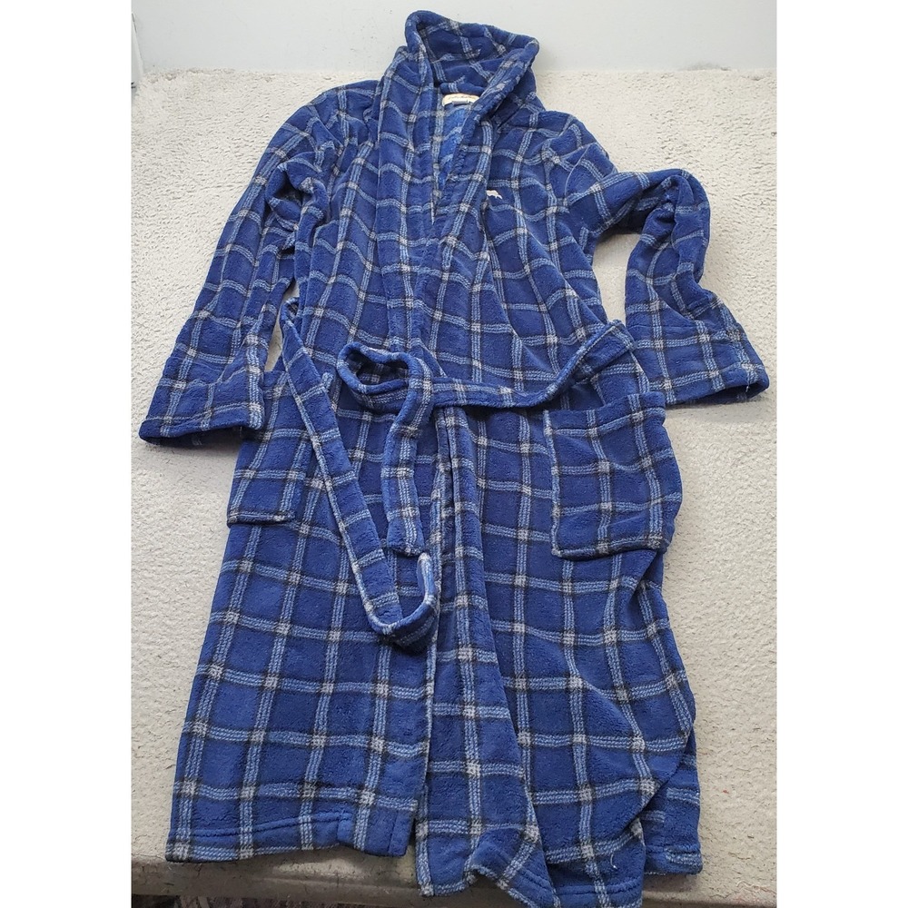 Tommy Bahama Robe Mens M Blue Plaid Fleece Belted Waist Shawl Collar Open Front